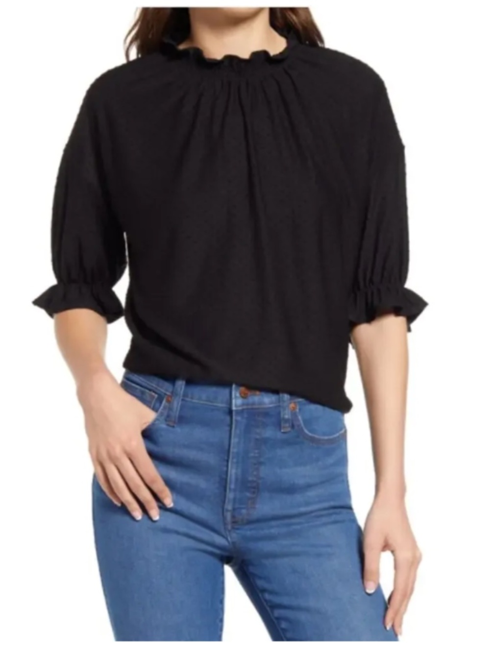 Madewell Clipdot Short Sleeve Mock Neck Feminine Ruffle Top Black Size 2X